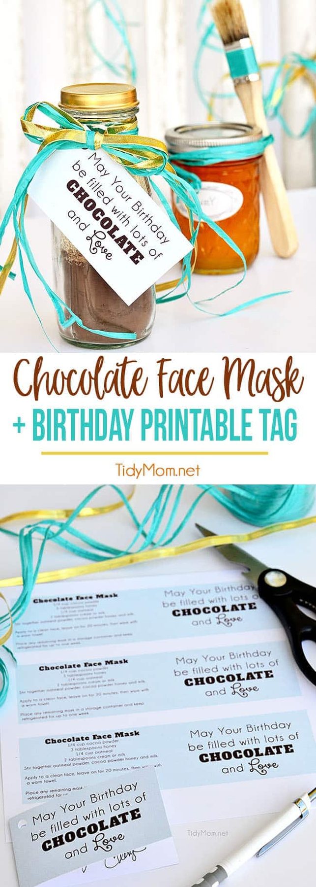 This decadent chocolate facial recipe is ideal for most skin types. Filled with antioxidants that rejuvenate the skin, and will leave your face smooth, soft, and glowing. All Natural Chocolate Face Mask makes a wonderful gift!! Get the recipe and free printable birthday tags at cetcu.com