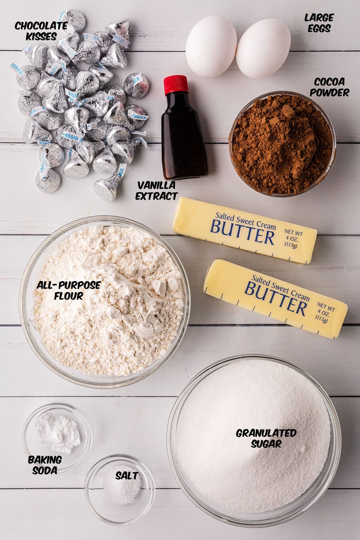 ingredients for chocolate kiss cookies on a counter