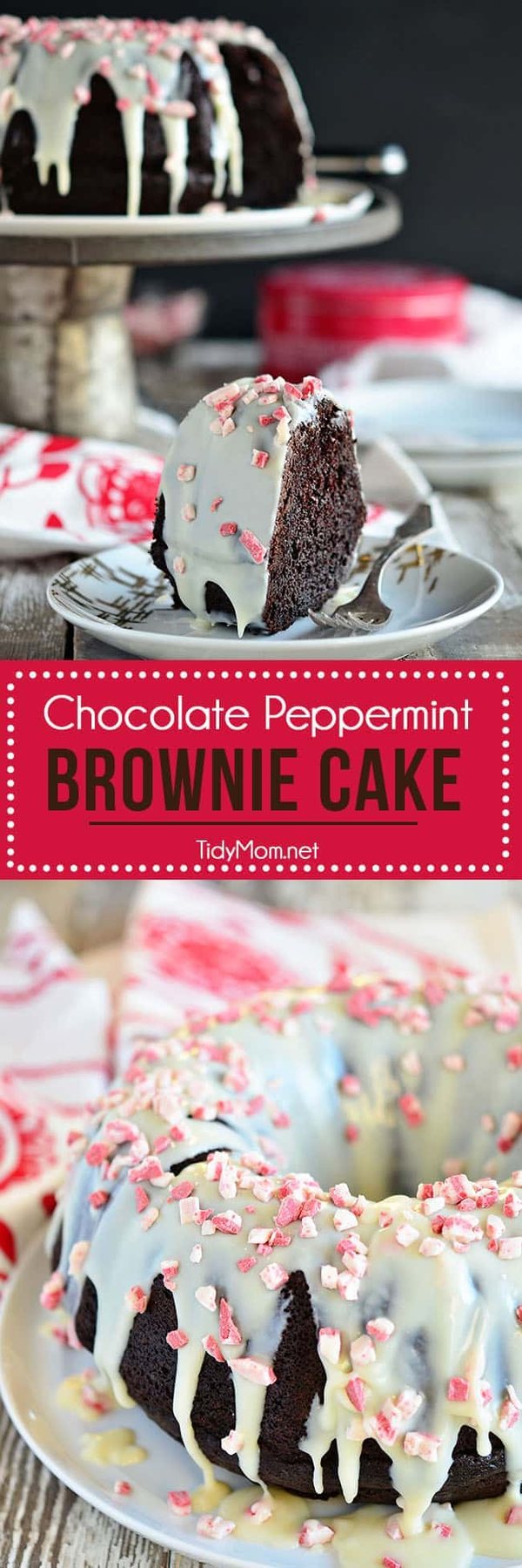 Chocolate Peppermint Brownie Cake uses a box cake mix + brownie mix! Easy recipe at cetcu.com