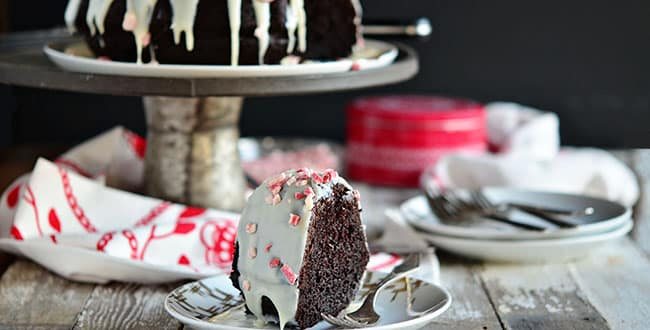 Chocolate Peppermint Brownie Cake uses a box cake mix + brownie mix! Easy recipe at cetcu.com