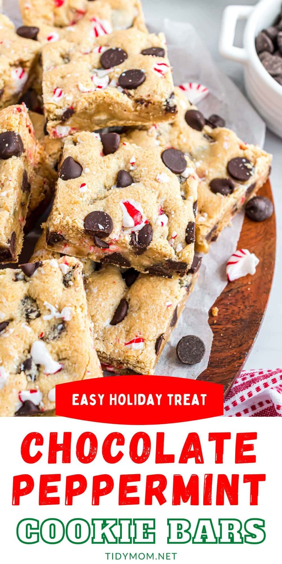 chocolate chip cookie bars stacked on a red platter
