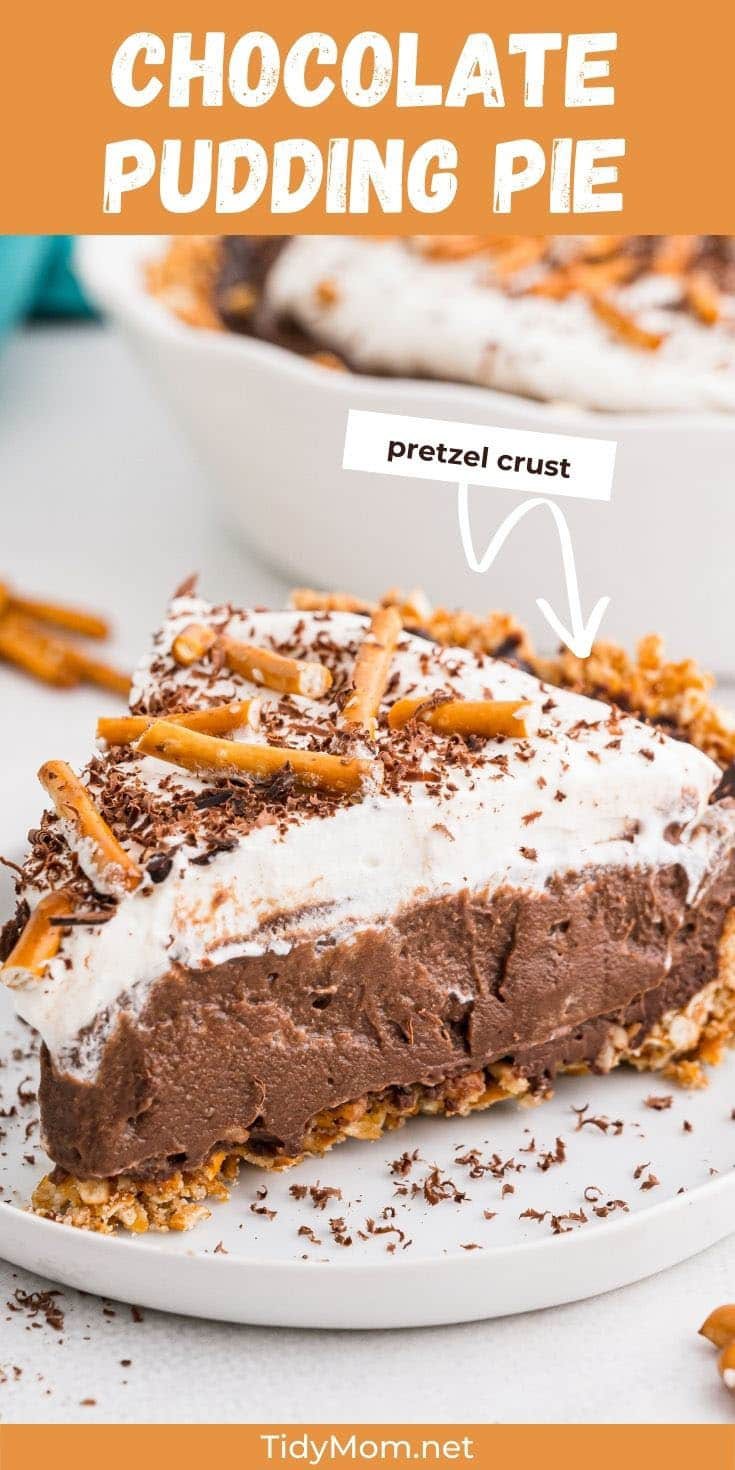 close up of chocolate pudding pie with a pretzel crust on a white plate