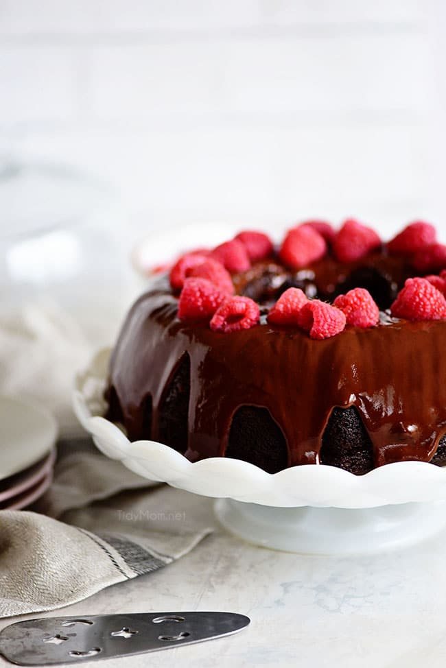 Chocolate Raspberry Bundt Cake on cake plate