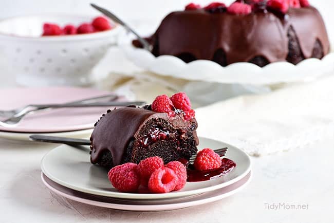 Chocolate Raspberry Bundt Cake on plate with fork and raspberries