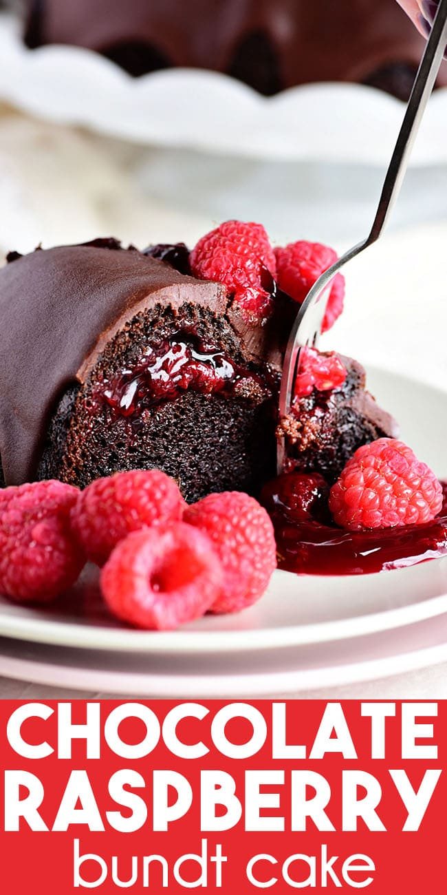 Chocolate Raspberry Bundt Cake with a fork
