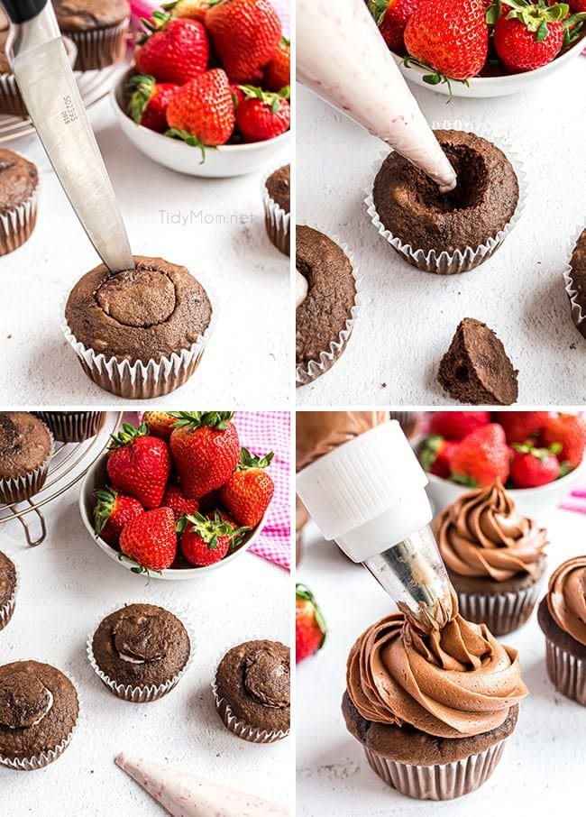 photo collage with steps for filling a cupcake