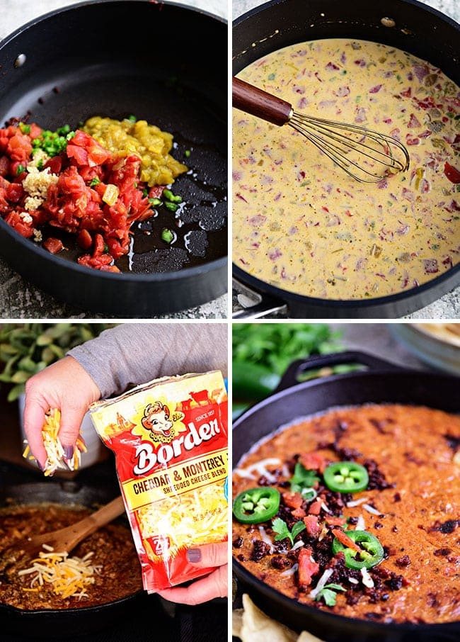 Chorizo Cheese Dip is spicy, cheesy, and the EASIEST dip to make! Packed with, chorizo, tomatoes, green chiles and lots of cheese! This creamy dip is sure to be a hit while watching the Big Game or anytime you need to satisfy that warm gooey cheese craving. See how-to recipe video + print recipe at cetcu.com #dip #appetizer #cheese #cheesedip #chorizo #partyfood