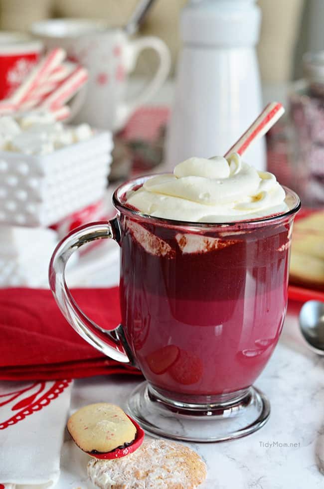 Red Velvet Hot Chocolate with Cream Cheese Whipped Cream is so easy to make at home. find the recipe at cetcu.com