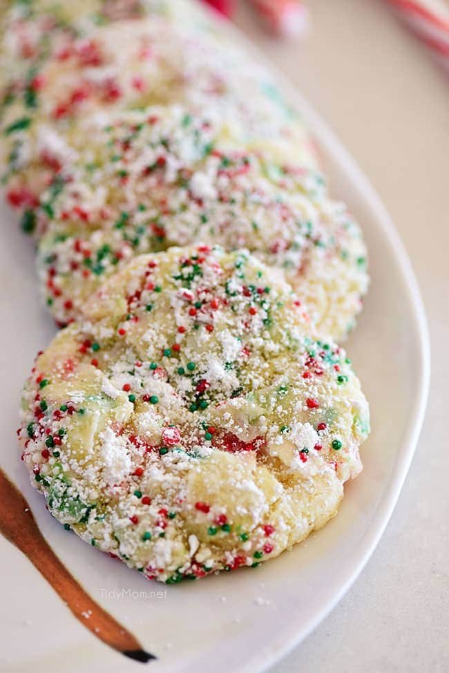 gooey butter cookies with red and green sprinkles