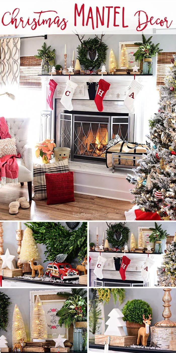 Merry and Bright Christmas Mantel Decor with rustic neutrals and a touch of red and green. Details at cetcu.com