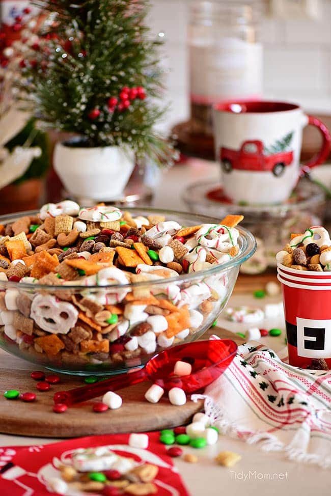 Christmas snack mix in a large bowl