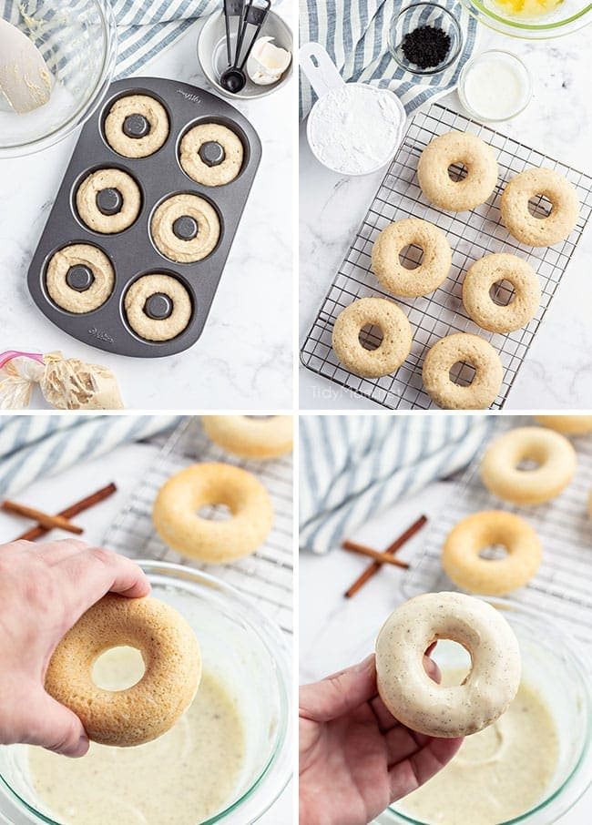 photo collage of how to make glazed cinnamon donuts in a donut pan
