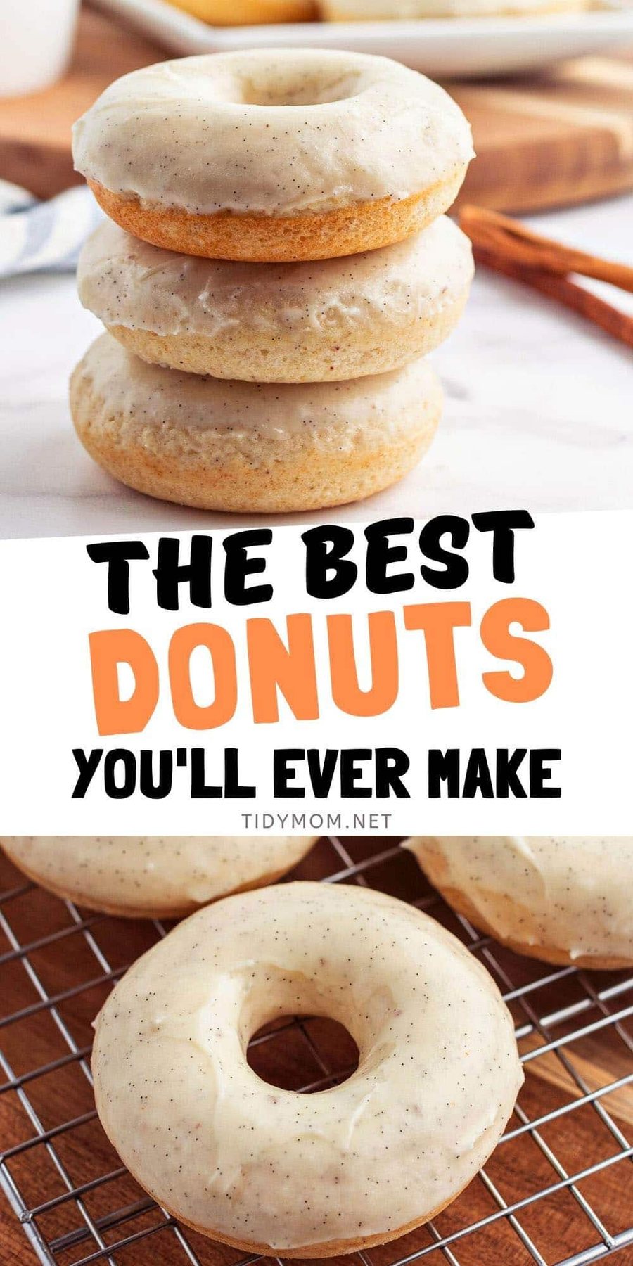 cinnamon glazed donuts on a rack and a stack