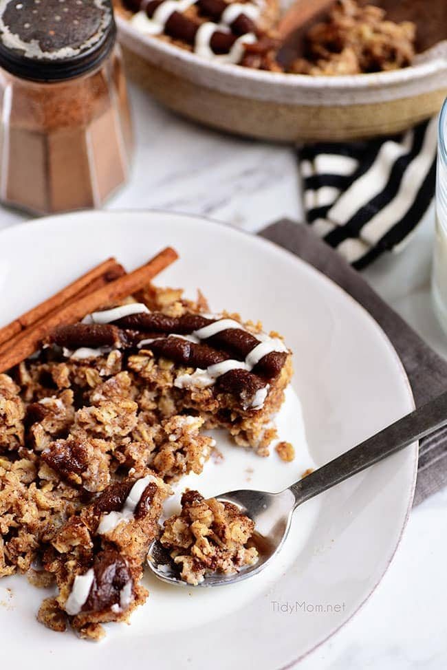 bowl of Cinnamon Roll Baked Oatmeal with milk