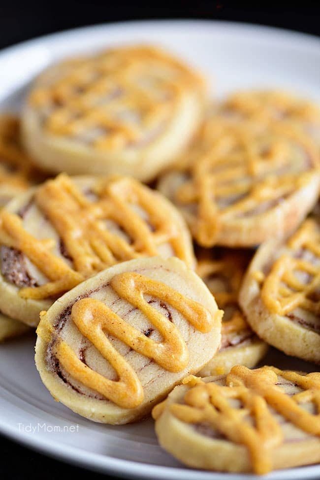 Pumpkin glazed Cinnamon Roll Cookies close up