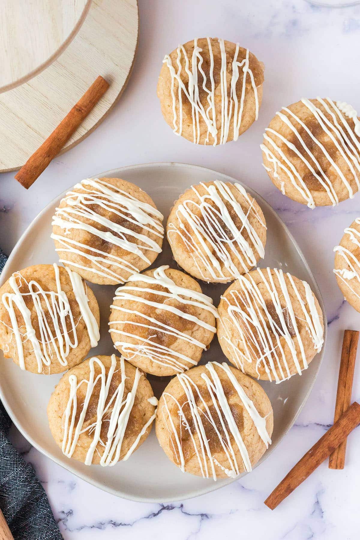 flat lay of cinnamon roll muffins on a platter