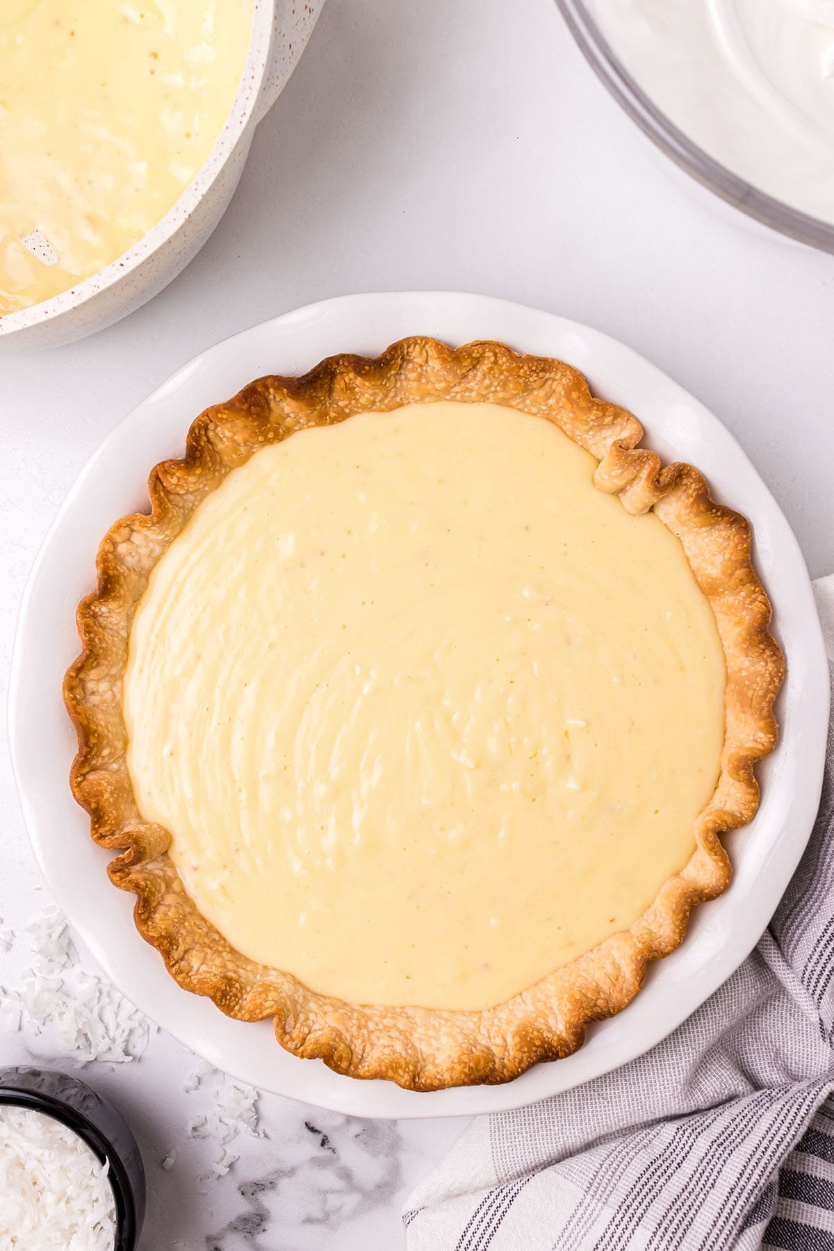 custard pie filling in a pre-baked pie shell