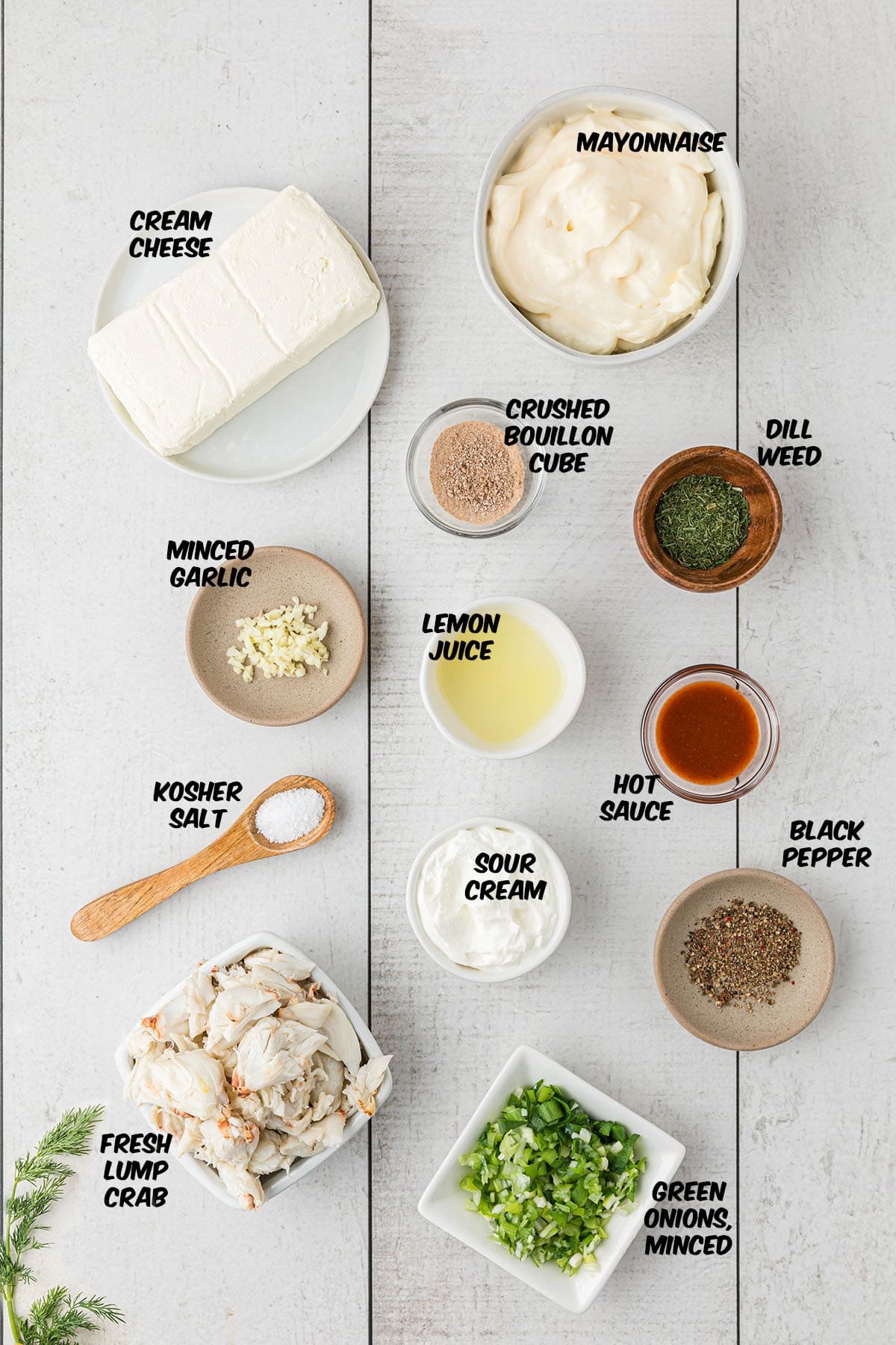 ingredients for fresh crab dip on a counter