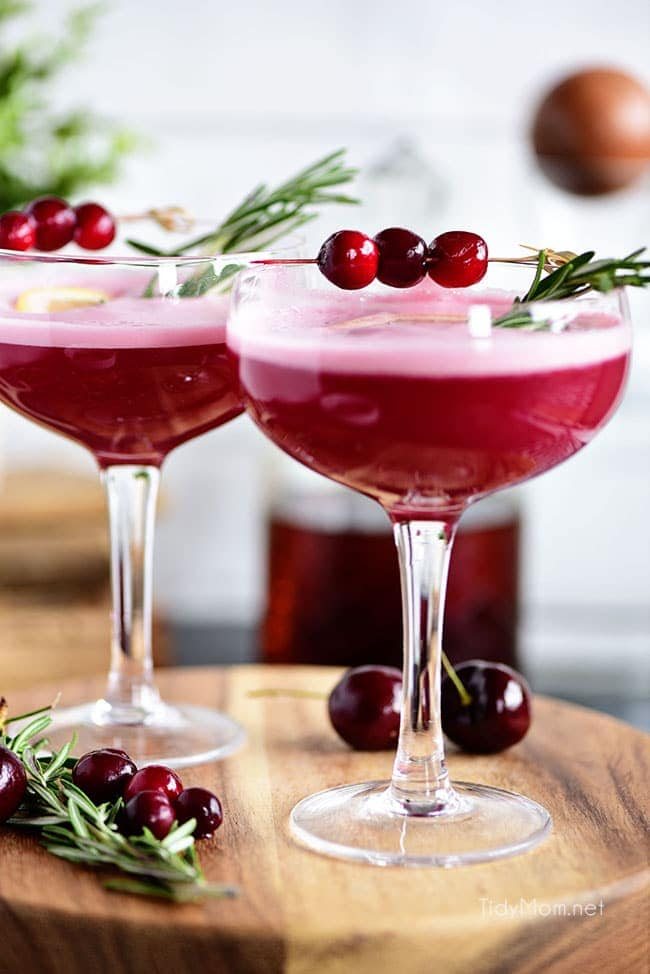 The fruity cherry and cranberry notes in this Cran-Cherry Rye Whiskey Sour Cocktail complement the spicy rye and tone down its bite. An egg white in my cocktail? You betcha! Utterly the perfect cocktail any time of year.