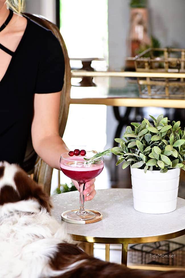 party guest with Cran-Cherry Rye Whiskey Sour Cocktail
