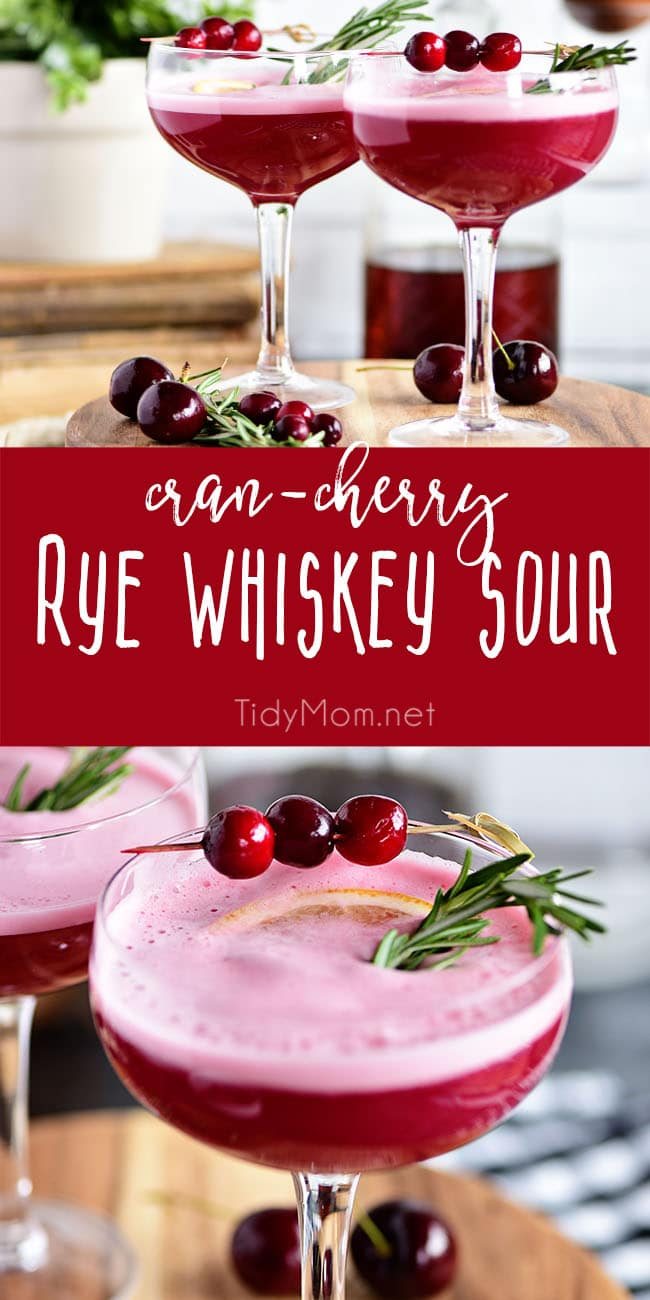 The fruity cherry and cranberry notes in this Cran-Cherry Rye Whiskey Sour Cocktail complement the spicy rye and tone down its bite. An egg white in my cocktail? You betcha! Utterly the perfect cocktail for winter or any time of year. Get the full recipe at cetcu.com #cocktail #cocktails #whiskeysour #cranberry #cherry #rye