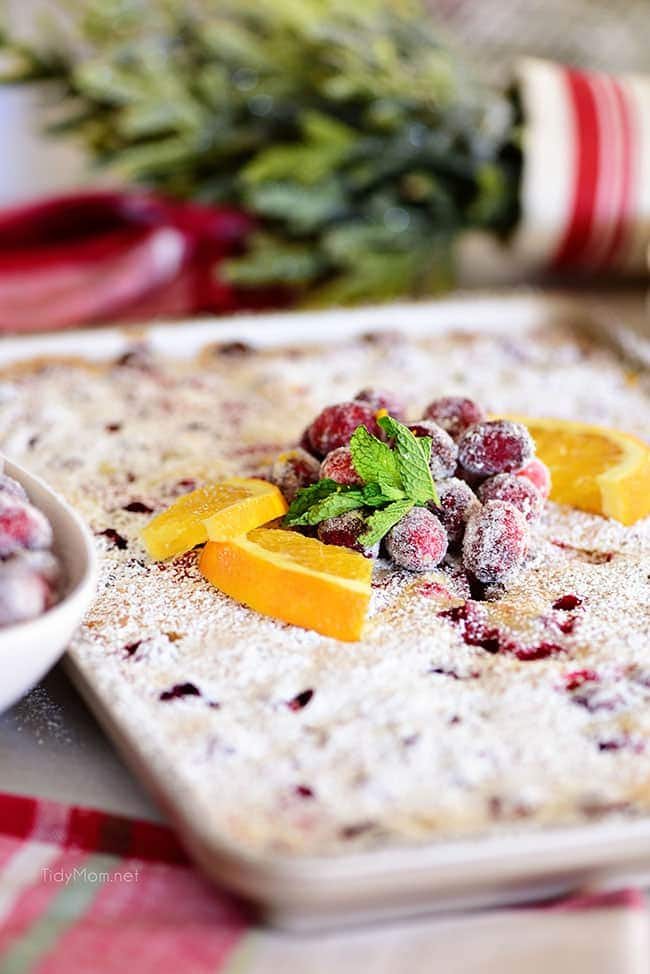 Cranberry Orange Cake topped with fresh oranges and sugared cranberries
