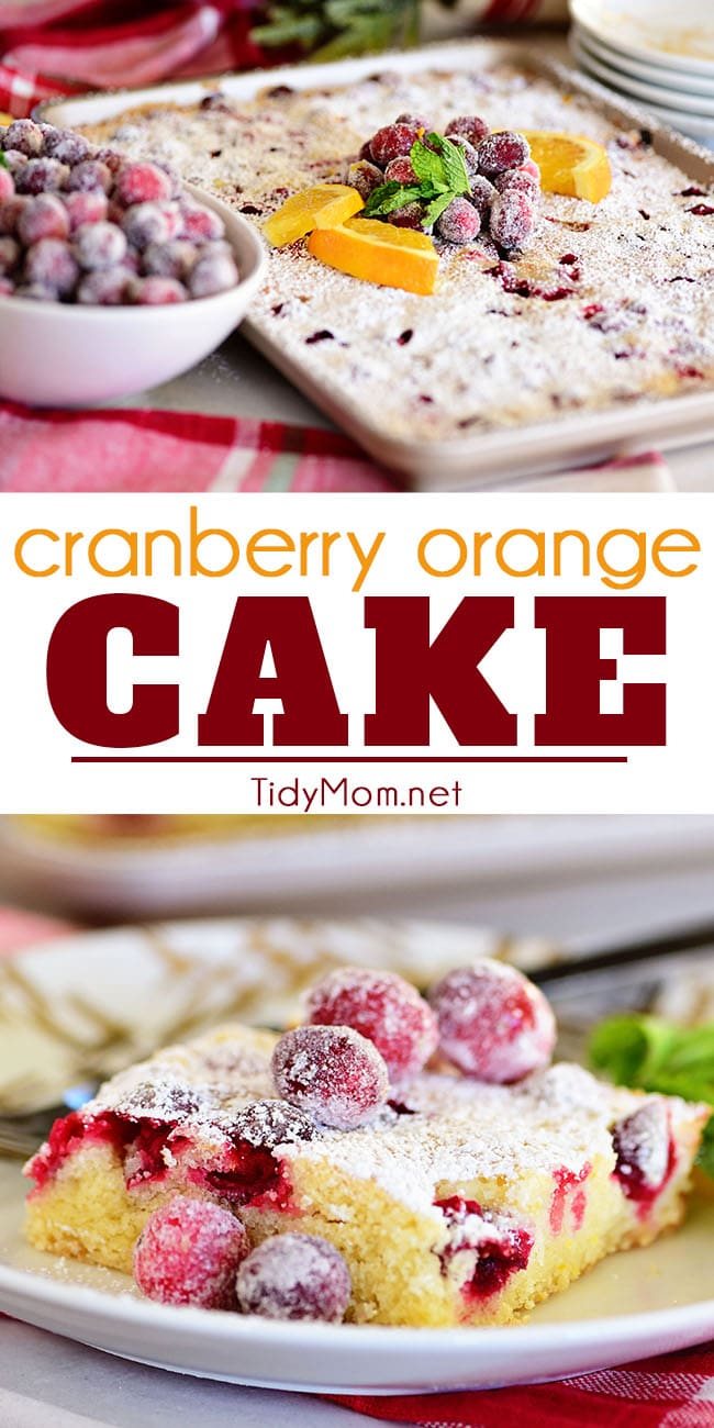 Cranberry Orange Cake topped with fresh orange slices and sugared cranberries photo collage