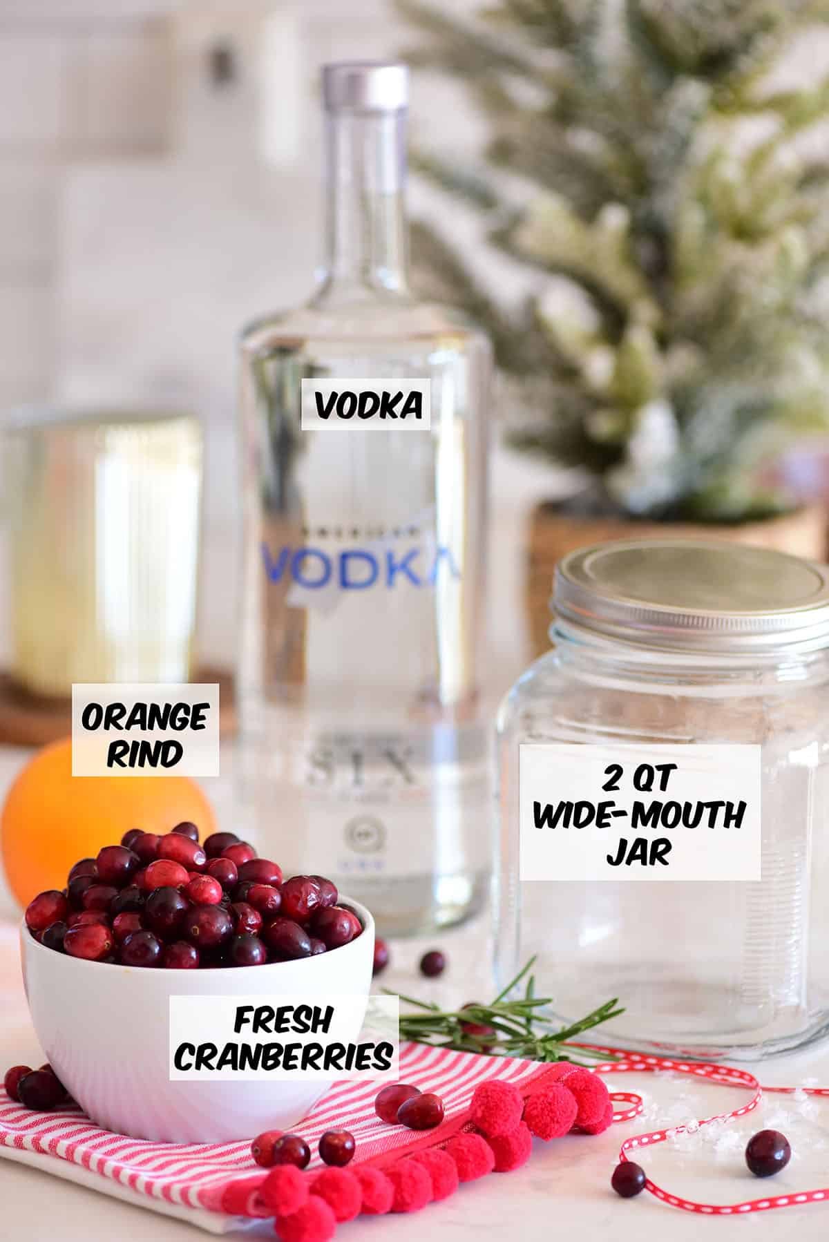 ingredients needed to make cranberry infused vodka; a bowl of fresh cranberries, bottle of vodka, orange and a large jar
