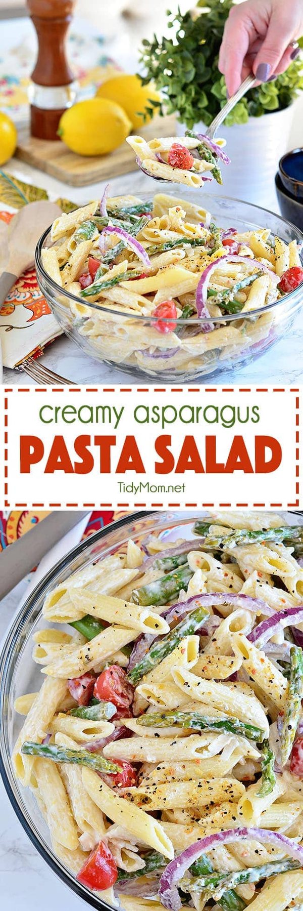 Creamy Asparagus Pasta Salad comes with an extra punch of flavor from fresh lemon juice and makes a perfect spring side dish. Add grilled chicken and it could be a meal all on it’s own. Recipe at cetcu.com