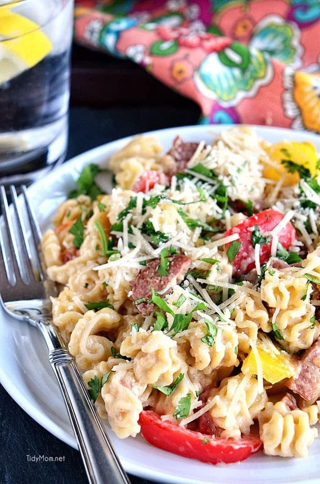 Creamy Cajun Pasta with Smoked Sausage on a white plate