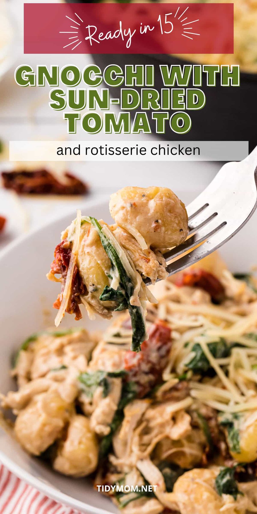 creamy chicken gnocchi with sun dried tomatoes on a fork