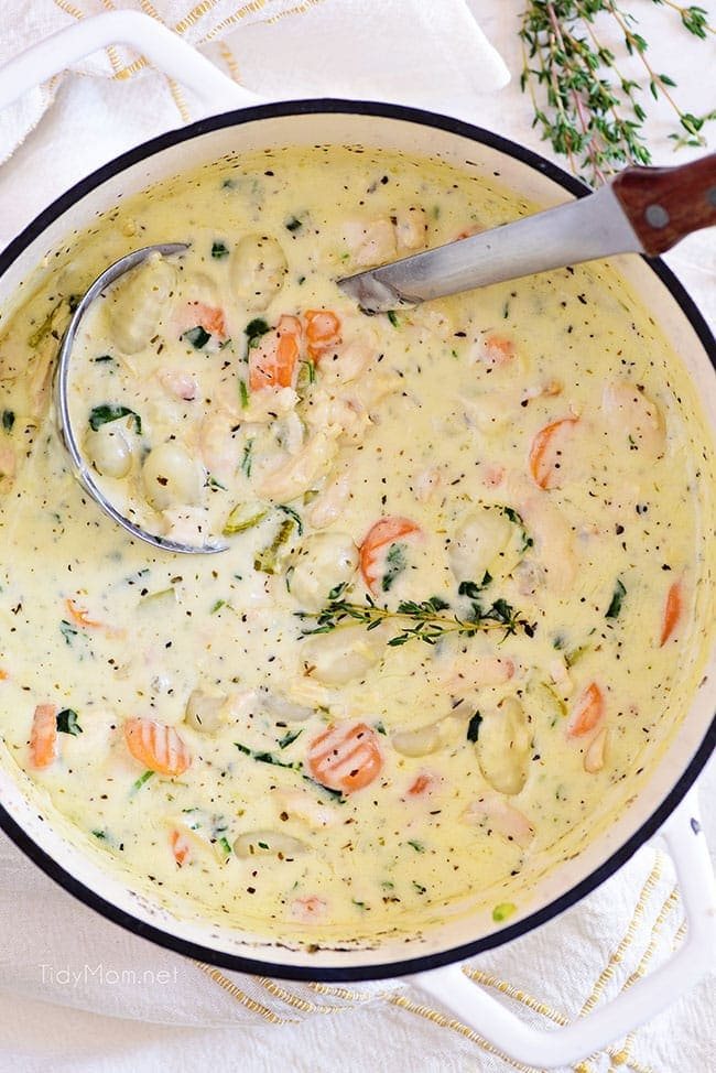 a simmering pot of chicken gnocchi soup