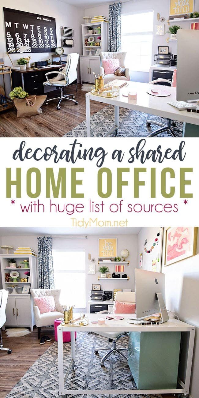 Decorating a shared home office can be both functional and beautiful!! Not only does the space need to work for both me and my husband, it needs to be a place that makes us happy! I'm thrilled that I was able to make it happen with a colorful industrial style. Get all the shared home office decorating details and sources at cetcu.com