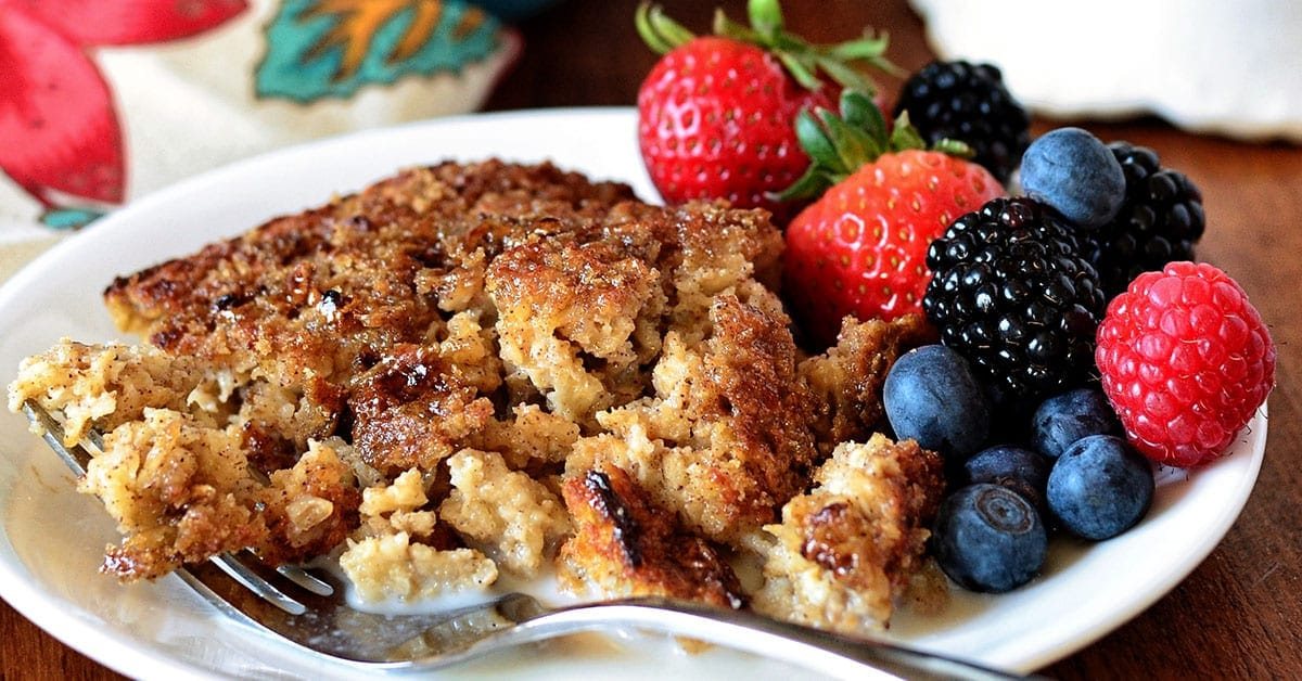 This Creme Brulee Baked Oatmeal is a creamy, yet firm oatmeal with a finishing sugary crunch that will make you forget that you’re eating something nutritious! Warm or cold, it's perfect with a drizzle of milk making its way into all of the crevices. Serve with a side fresh fruit and you’ll be satisfied until lunch! Print recipe + step-by-step video at cetcu.com