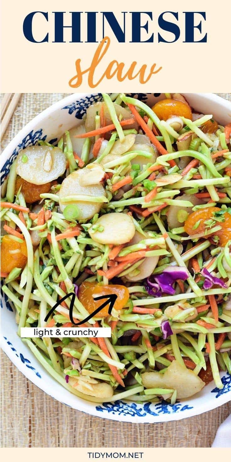 Chinese slaw in a blue and white bowl