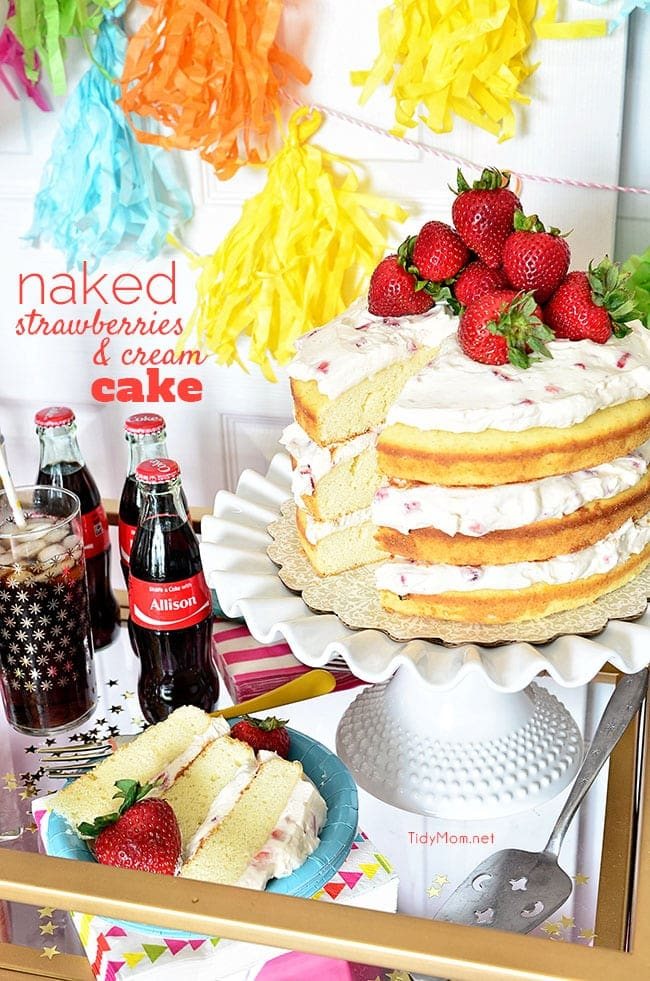 Naked Strawberries and Cream Cake. 3 delicious layers of homemade pound cake, with fresh strawberries and a dreamy vanilla whipped cream cream cheese frosting. recipe at cetcu.com