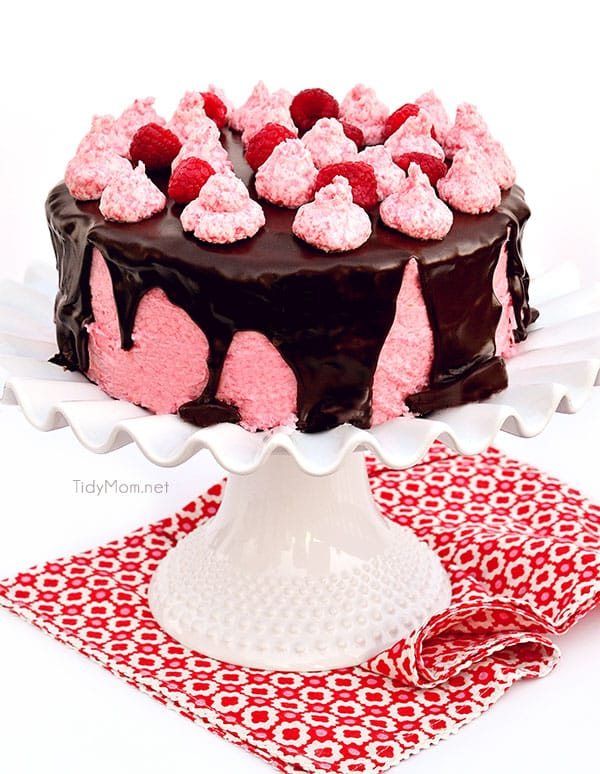 Dark Chocolate Cake with Toasted Marshmallow Filling and Raspberry Buttercream covered Chocolate Gancache recipe at cetcu.com