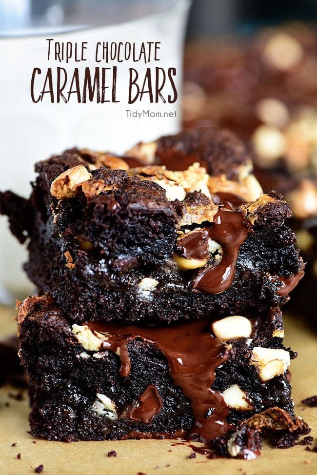 Triple Chocolate Caramel Bars are like a thick chewy brownie only better!! These indulgent cake mix bars are always a hit and easy to make! Print the full recipe at cetcu.com
