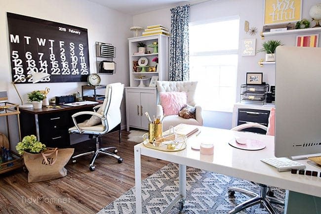 Decorating a shared office, with colorful industrial style. Her side is pink and gold, while his is black and neutrals. Check out the gold coffee cart!! Get all the details of this shared home office space at cetcu.com