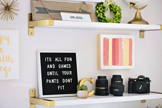 Decorating a shared office, with colorful industrial style. Her side is pink and gold, while his is black and neutrals. Check out the gold coffee cart!! Get all the details of this shared home office space at cetcu.com