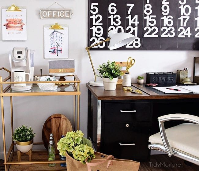 Decorating a shared home office, with colorful industrial style. Her side is pink and gold, while his is black and neutrals. Check out the gold coffee cart!! Get all the details of this shared home office space at cetcu.com