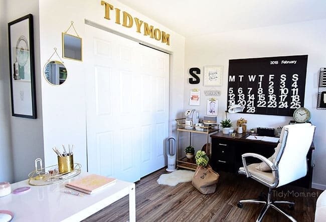 Decorating a shared office, with colorful industrial style. Her side is pink and gold, while his is black and neutrals. Check out the gold coffee cart!! Get all the details of this shared home office space at cetcu.com