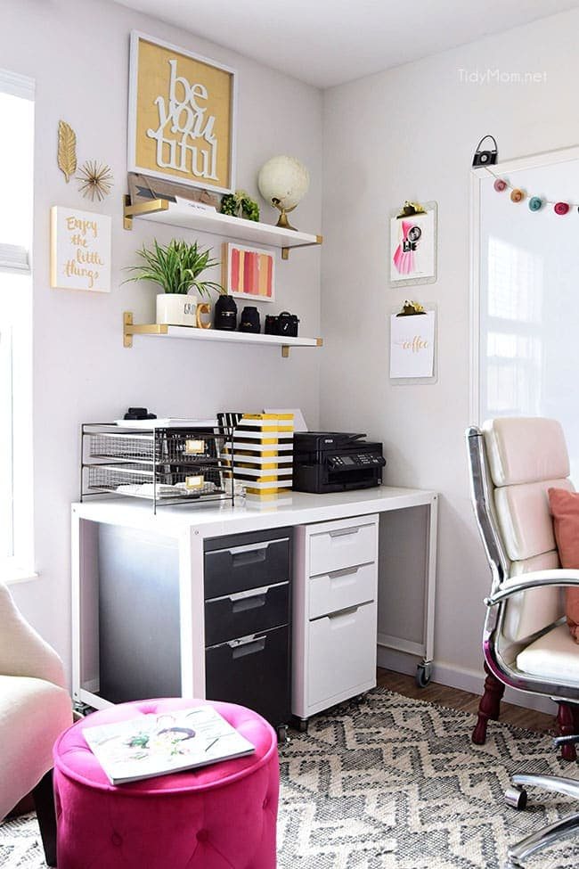 Decorating a shared office, with colorful industrial style. Her side is pink and gold, while his is black and neutrals. Check out the gold coffee cart!! Get all the details of this shared home office space at cetcu.com