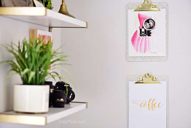 Decorating a shared office, with colorful industrial style. Her side is pink and gold, while his is black and neutrals. Check out the gold coffee cart!! Get all the details of this shared home office space at cetcu.com