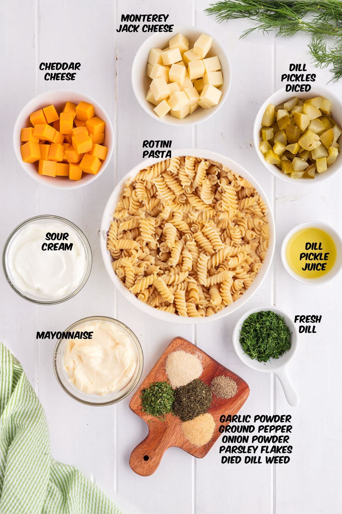 ingredients for Dill pickle pasta salad