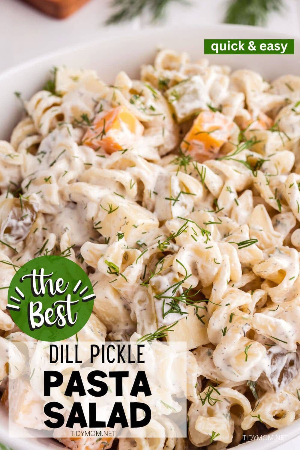 pasta salad with pickles in a bowl
