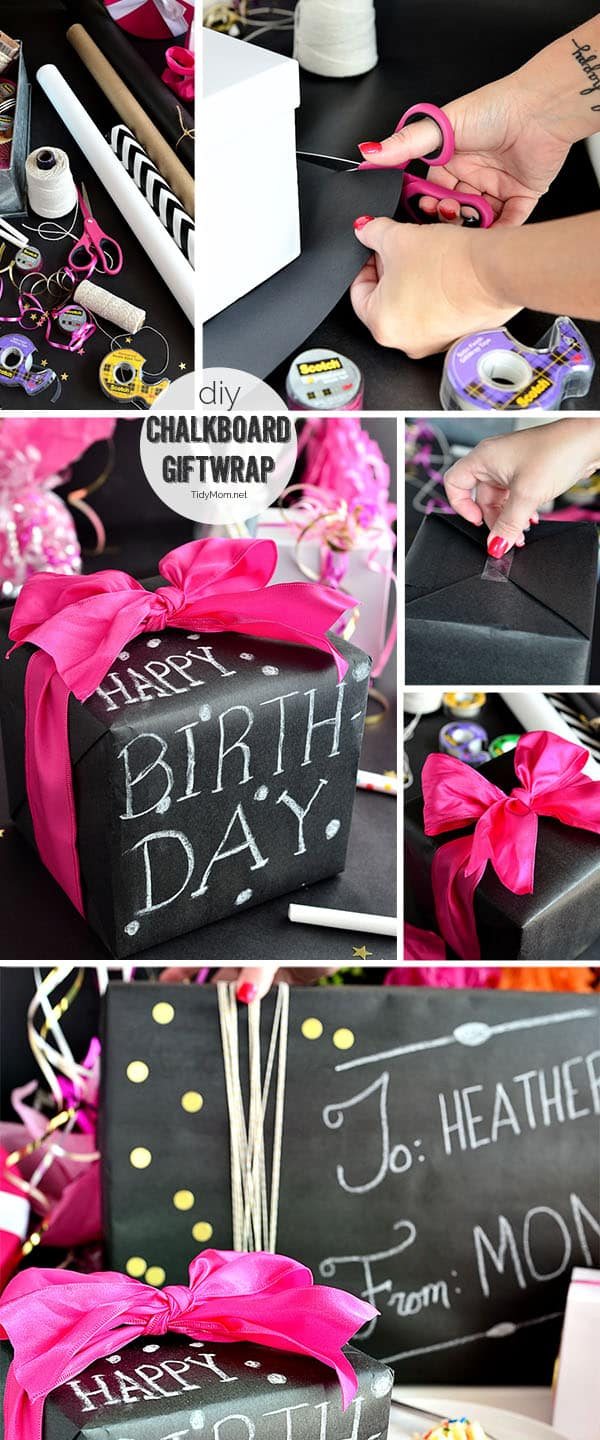 Such a fun inexpensive idea for gifting!! DIY Chalkboard Gift Wrap with Scotch Brand Wrapping Tape and cetcu.com