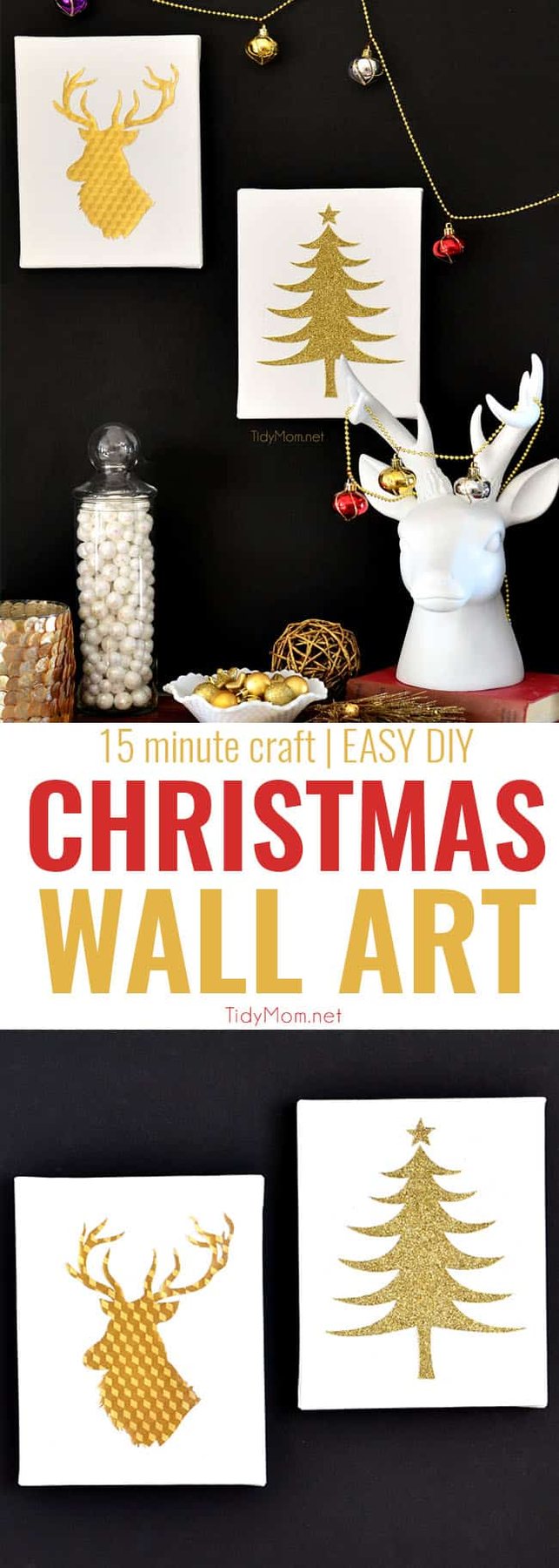 Easy Gold and White Christmas Wall Art - You can make your own custom DIY Christmas Wall Art in no time, with the help of a craft cutter, like the Silhouette. The possibilities are endless! full tutorial at cetcu.com