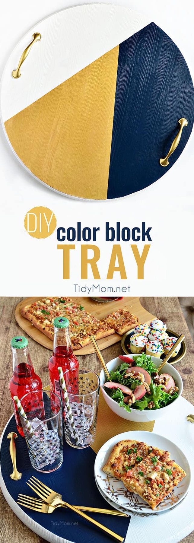 A bold colorful tray is the perfect way to add a pop of color to a space and use it as a serving tray when entertaining. The color blocking gives this tray a modern look while the touch of gold adds a little elegance! Get the full tutorial to make your own DIY Color Block Tray at cetcu.com