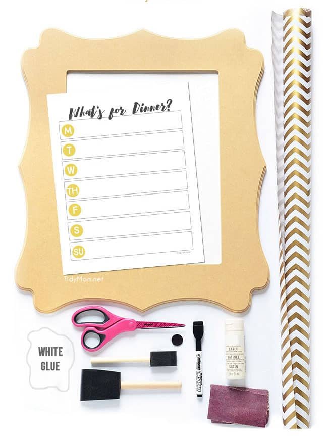 DIY decoupage frame tutorial with free What’s for Dinner Menu printable. Simple write your dinner plan on the glass each week using a dry erase marker. Download free printable at Tidymom.net